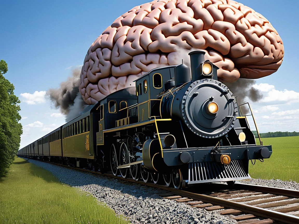 Surreal Vintage Steam Locomotive with Brain Smokestack