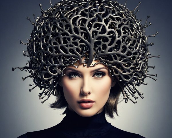 Portrait of a Woman with a Metallic Brain-Inspired Headpiece
