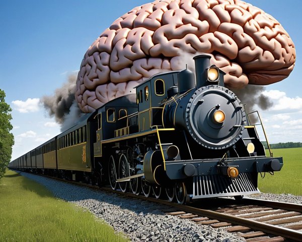 Surreal Vintage Steam Locomotive with Brain Smokestack