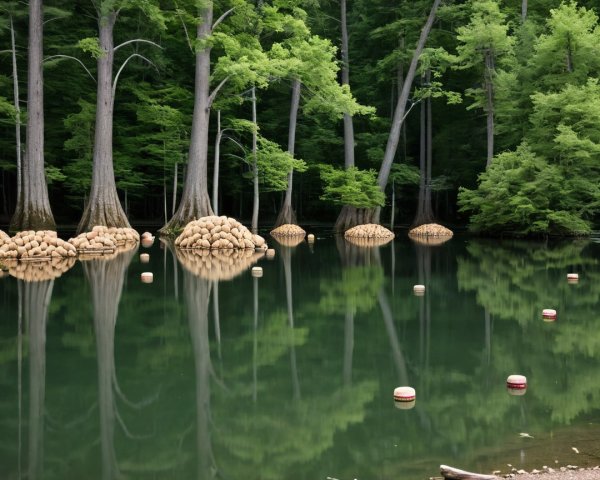 Tranquil Water Scene with Lush Greenery and Mounds