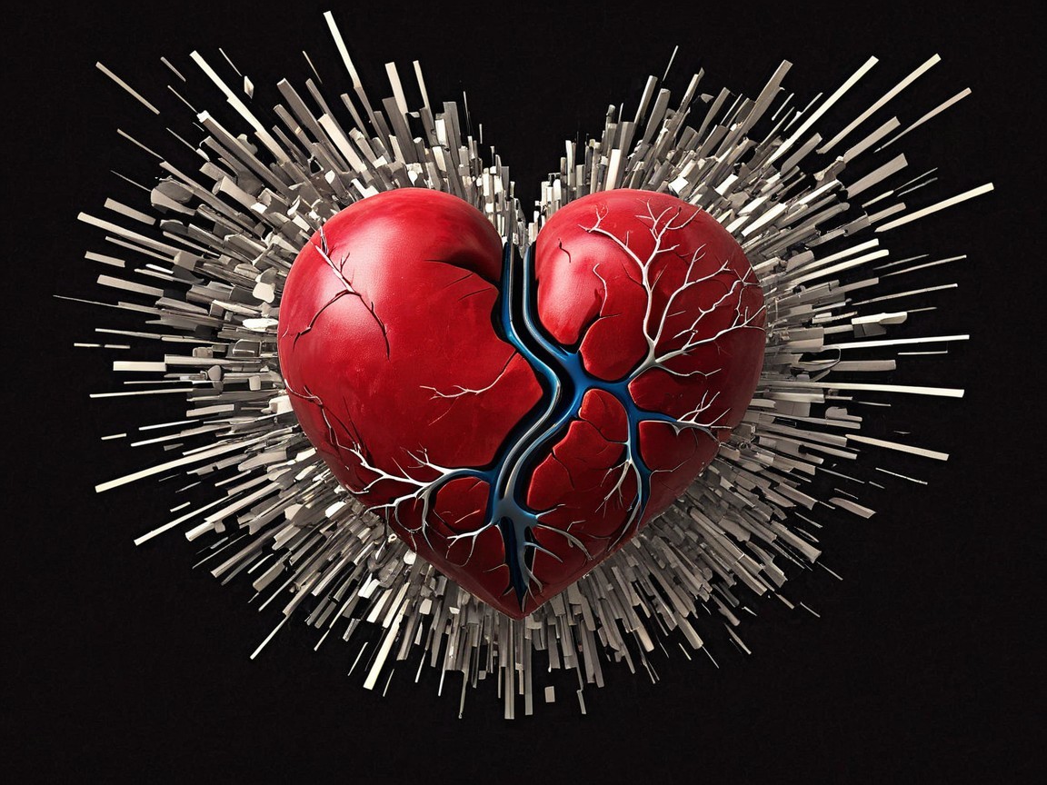 3D Illustration of Cracked Red Heart Surrounded by Spikes