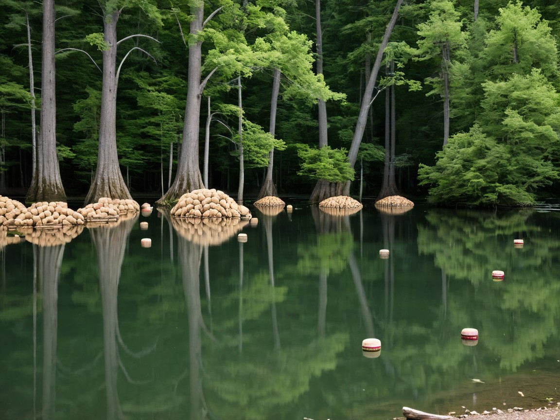 Tranquil Water Scene with Lush Greenery and Mounds