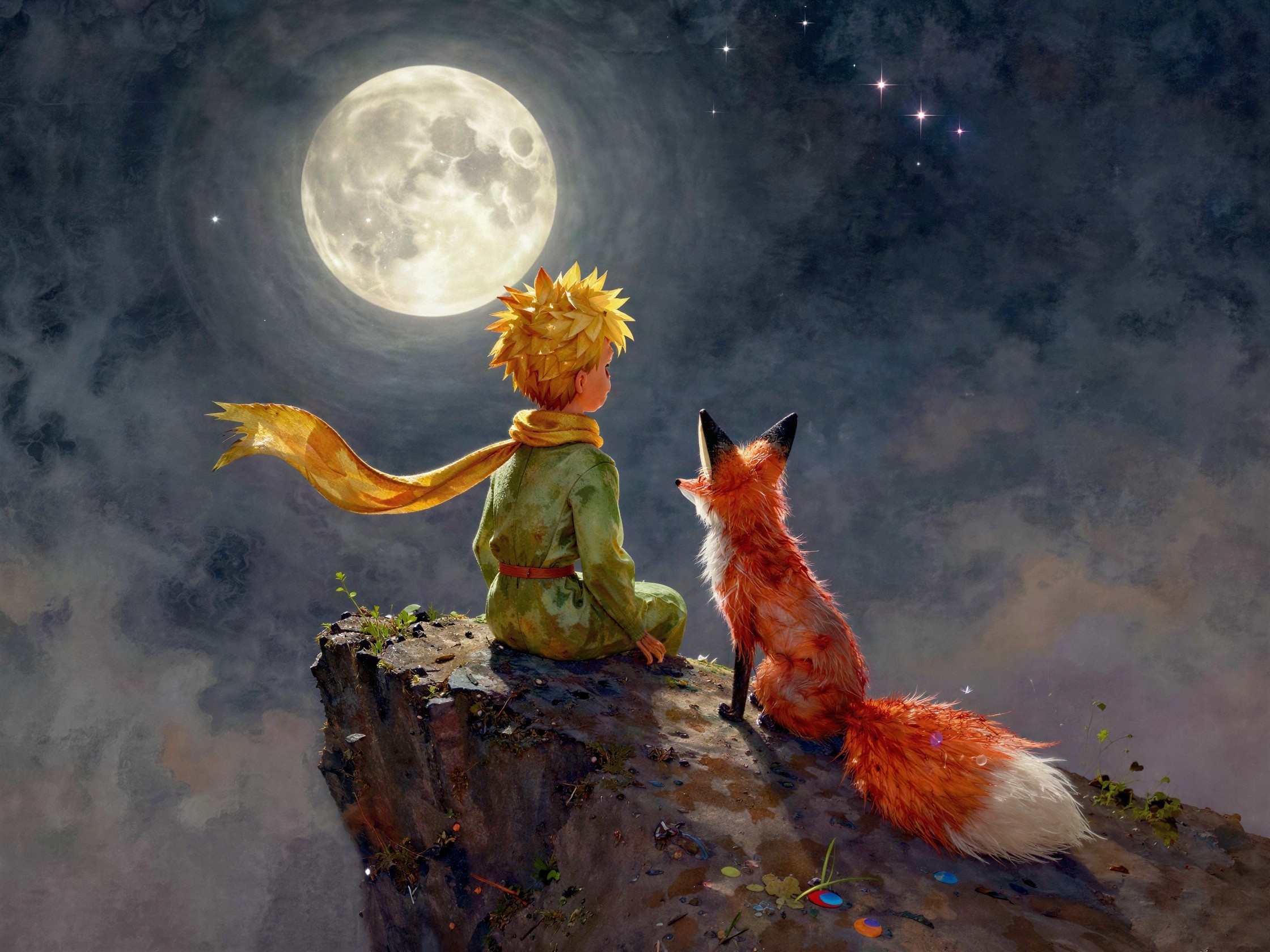 Little Prince and Fox on Cliff Under Full Moon