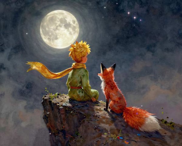 Little Prince and Fox on Cliff Under Full Moon