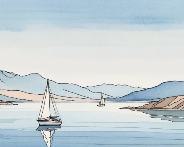 Minimalist Watercolor of Tranquil Lake and Mountains