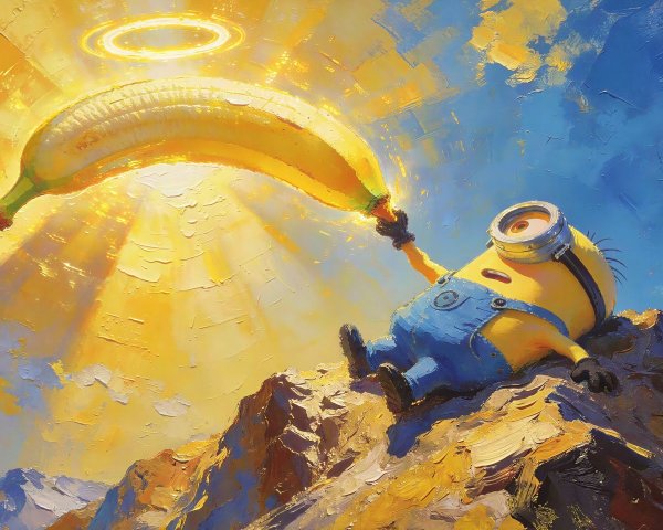 Minion on Mountain Top with Glowing Banana Painting