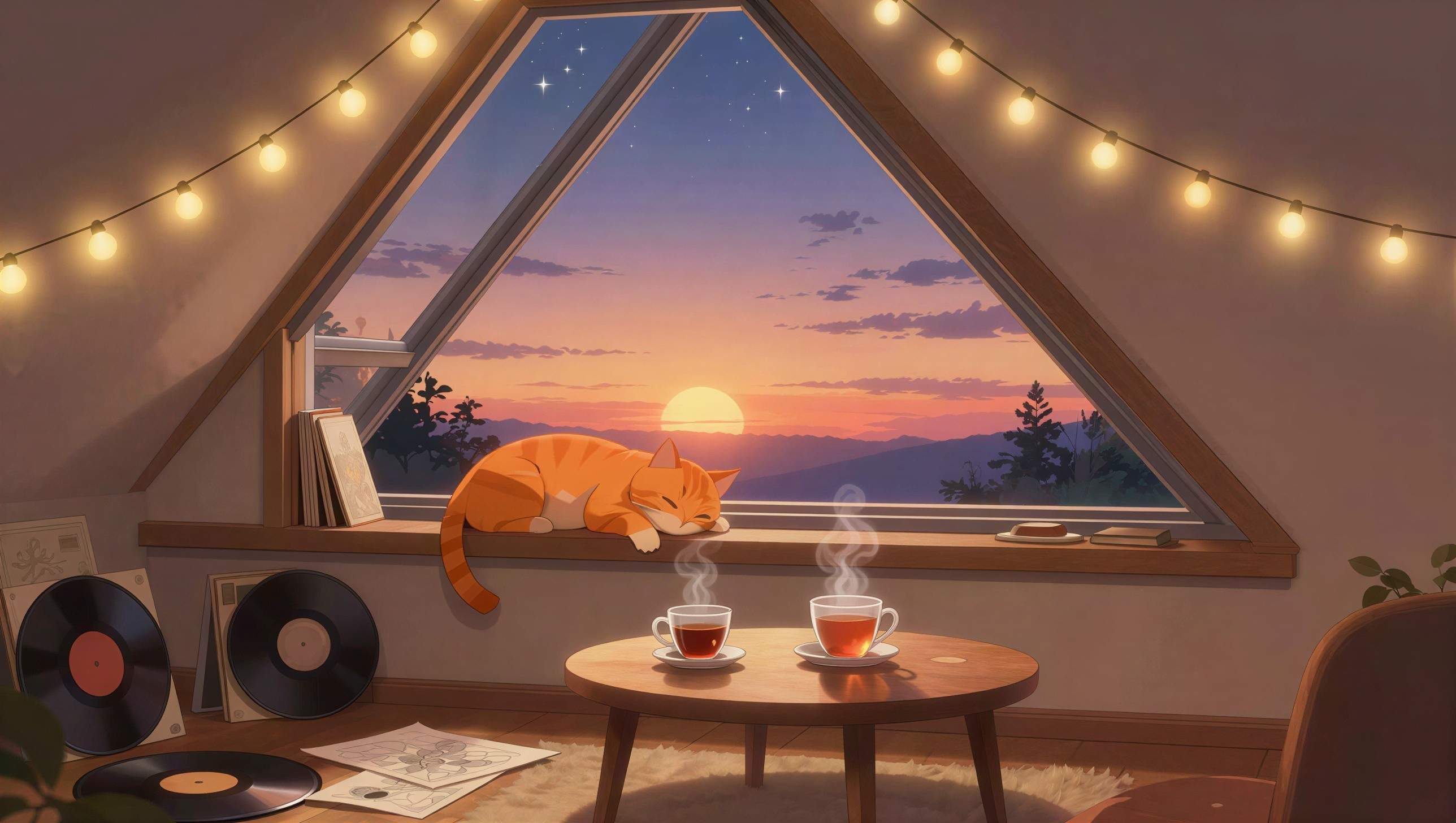 Anime Illustration of Attic Room at Sunset