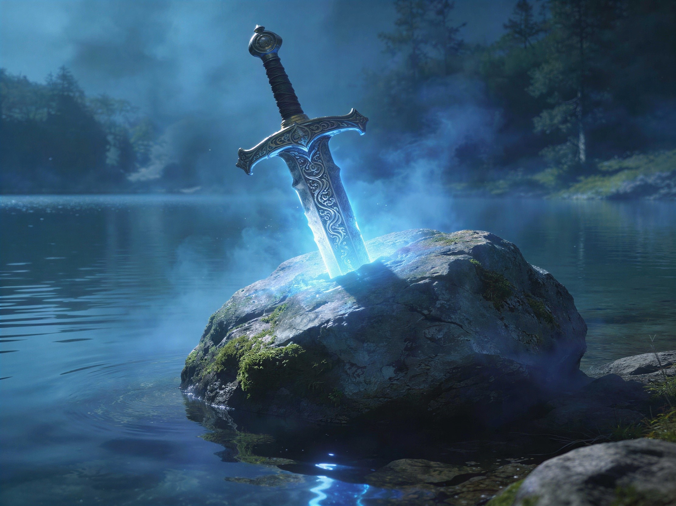 Ethereal Fantasy Scene of Excalibur in the Stone