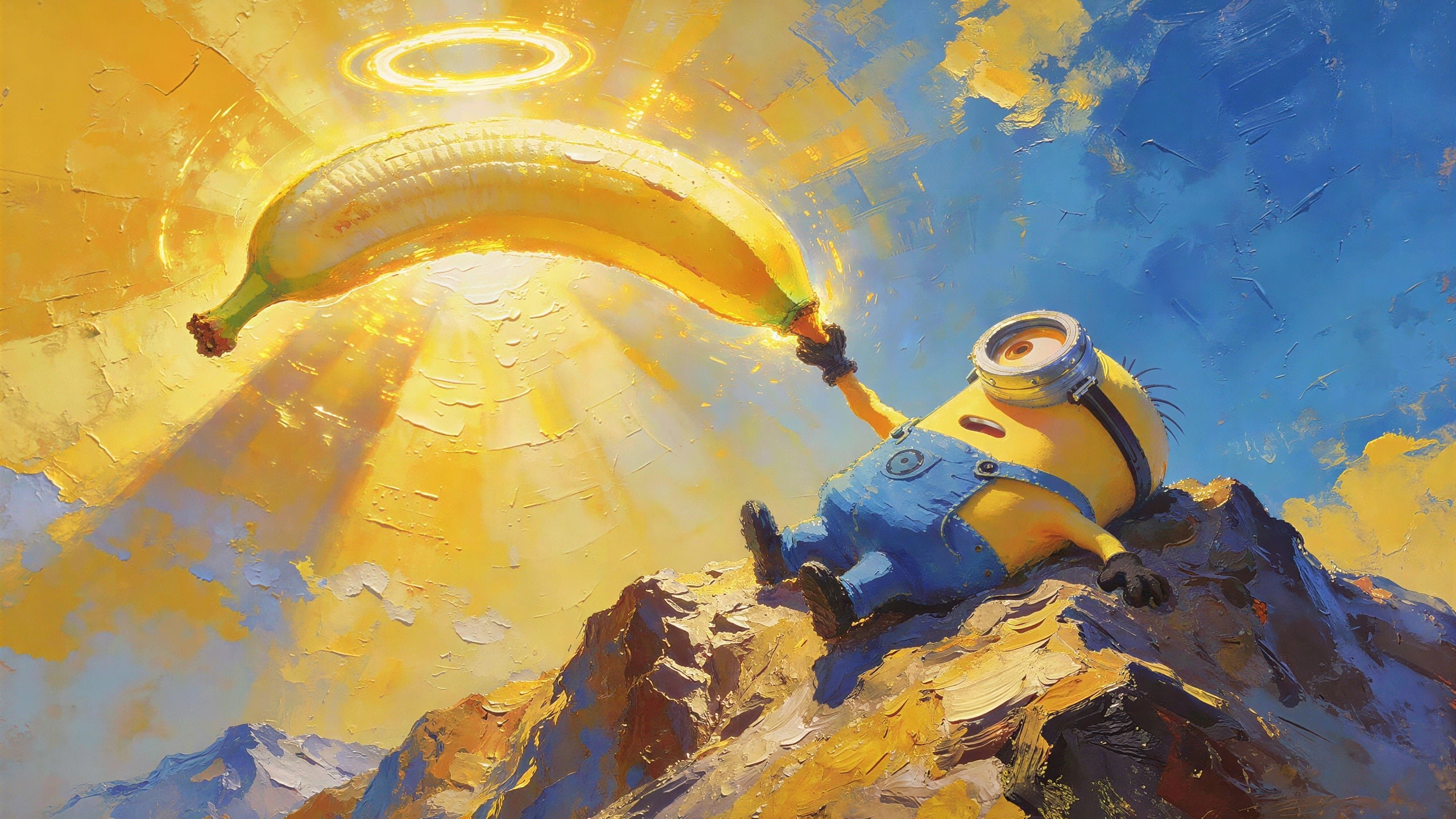 Minion on Mountain Top with Glowing Banana Painting