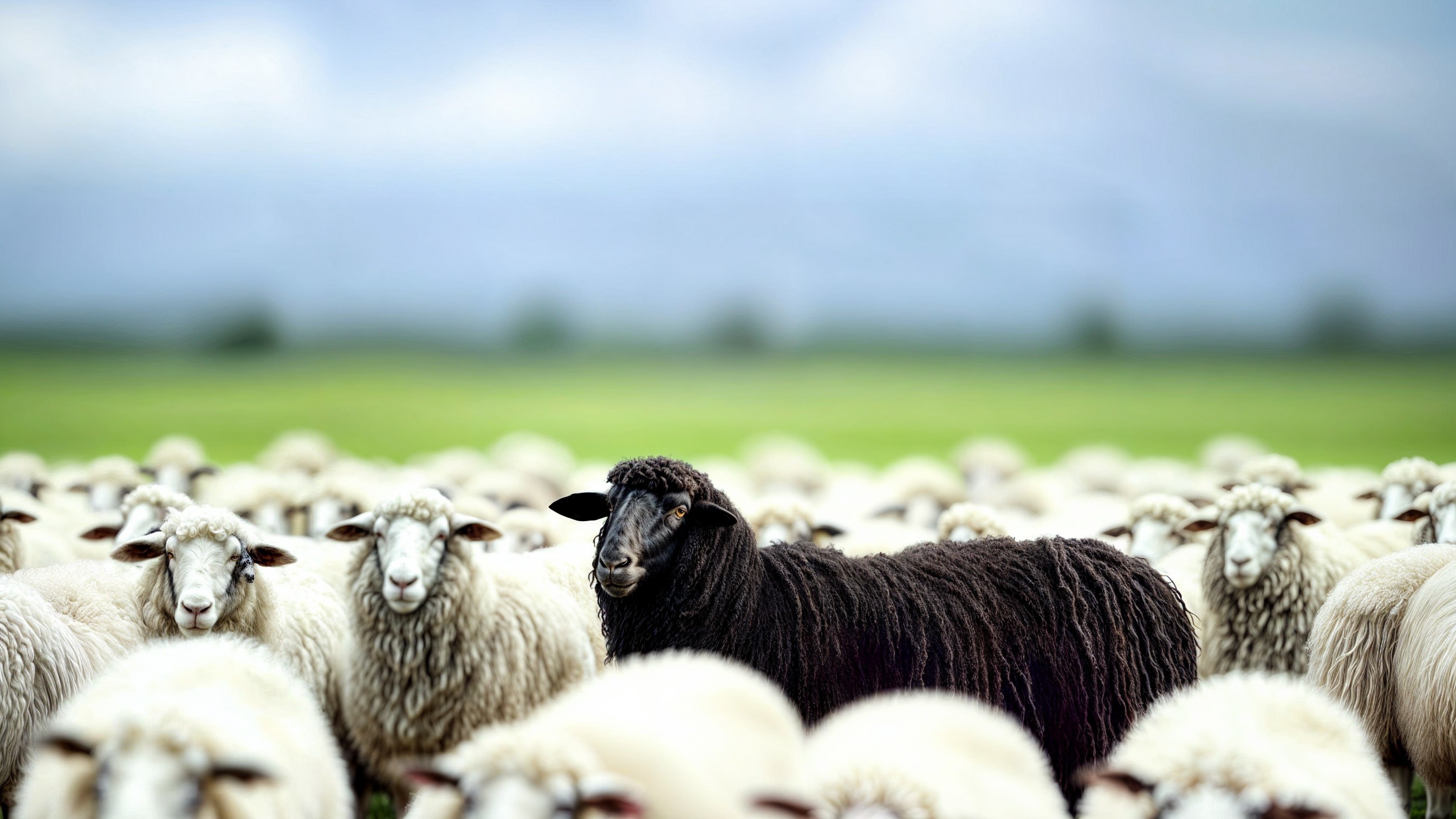 Flock of Sheep Grazing in a Green Field