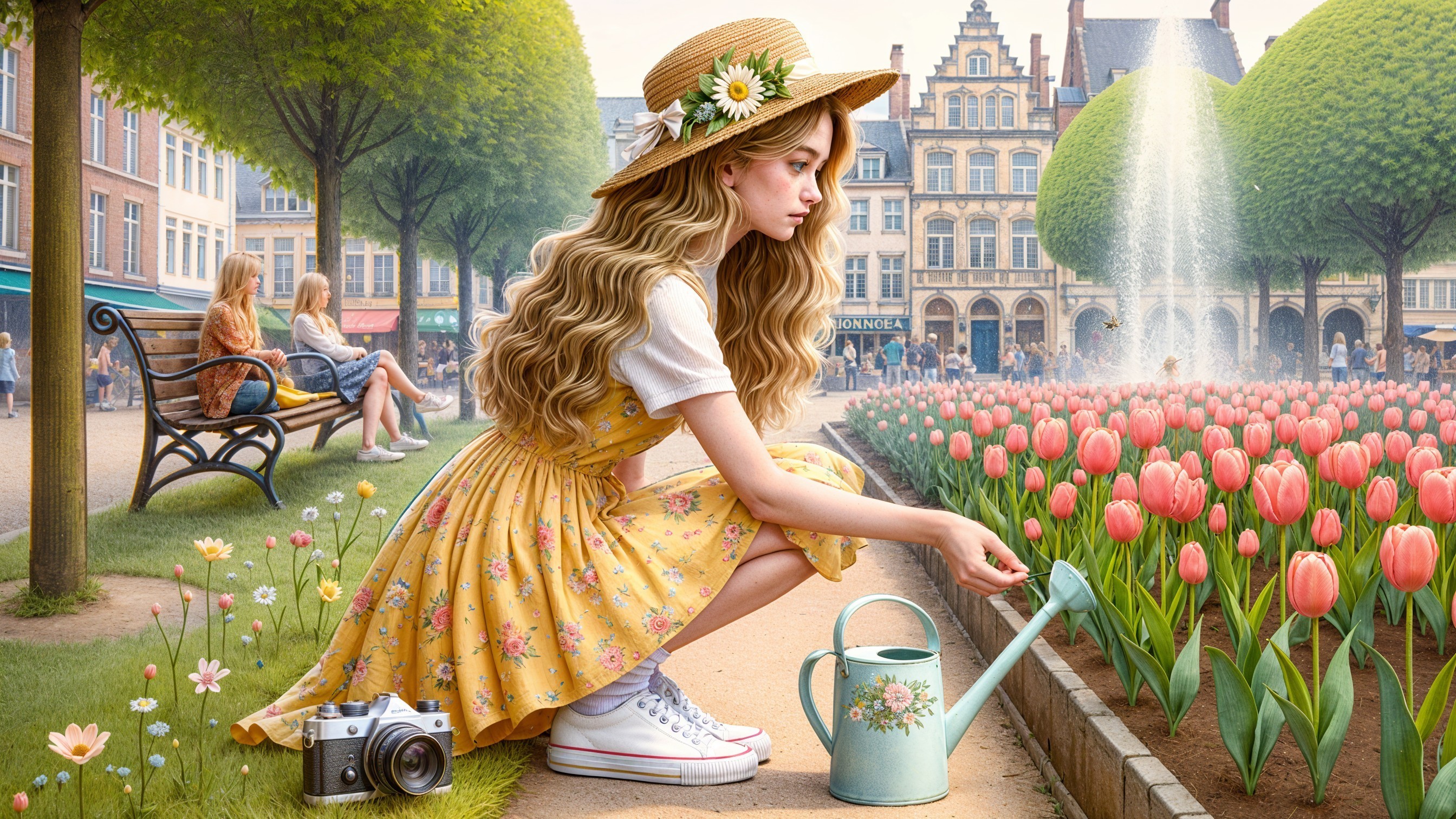 Young girl watering tulips in a colorful flower bed