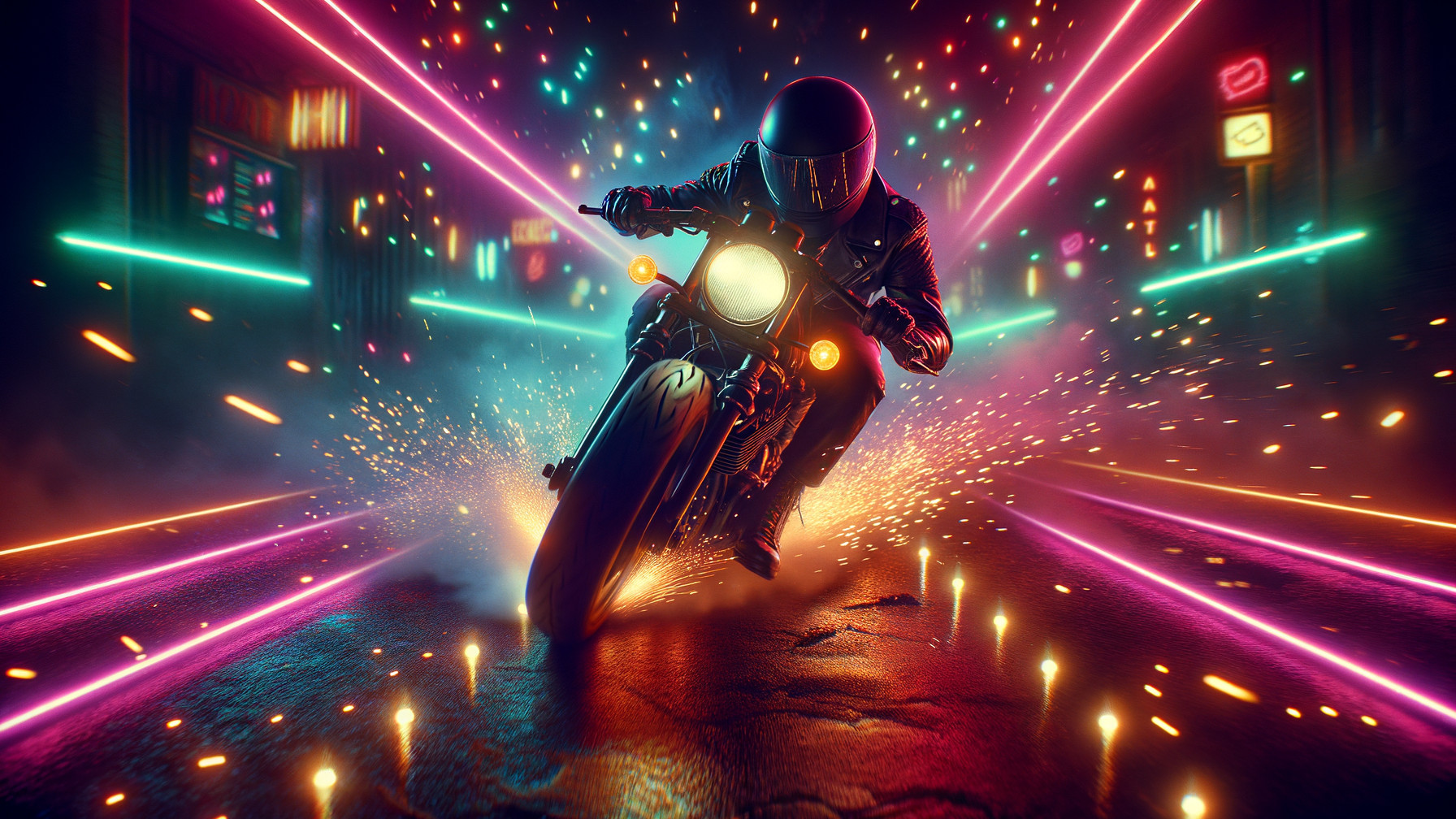 Motorcyclist in Futuristic City with Neon Lights