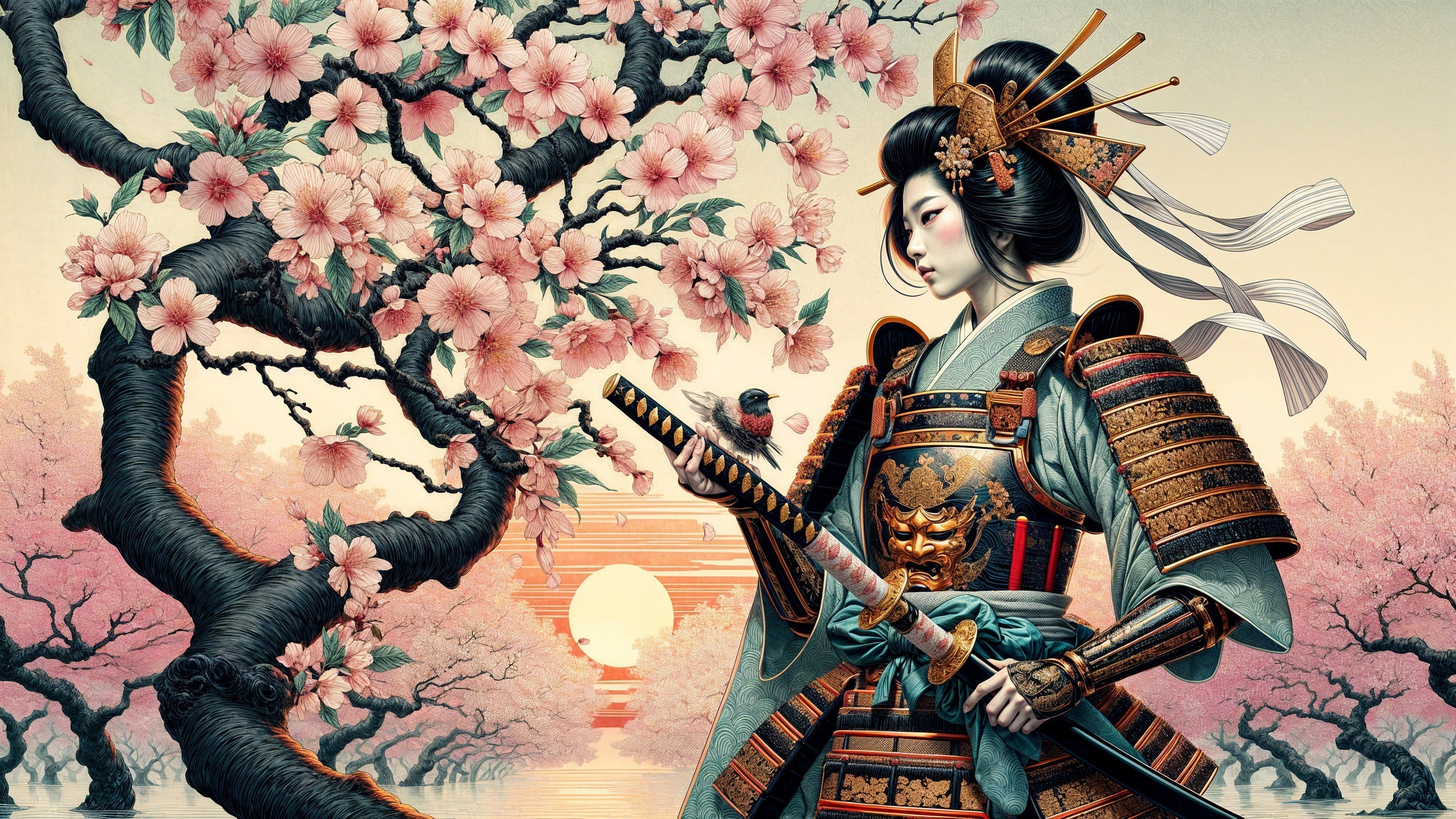 Female Samurai in Cherry Blossom Landscape at Sunset