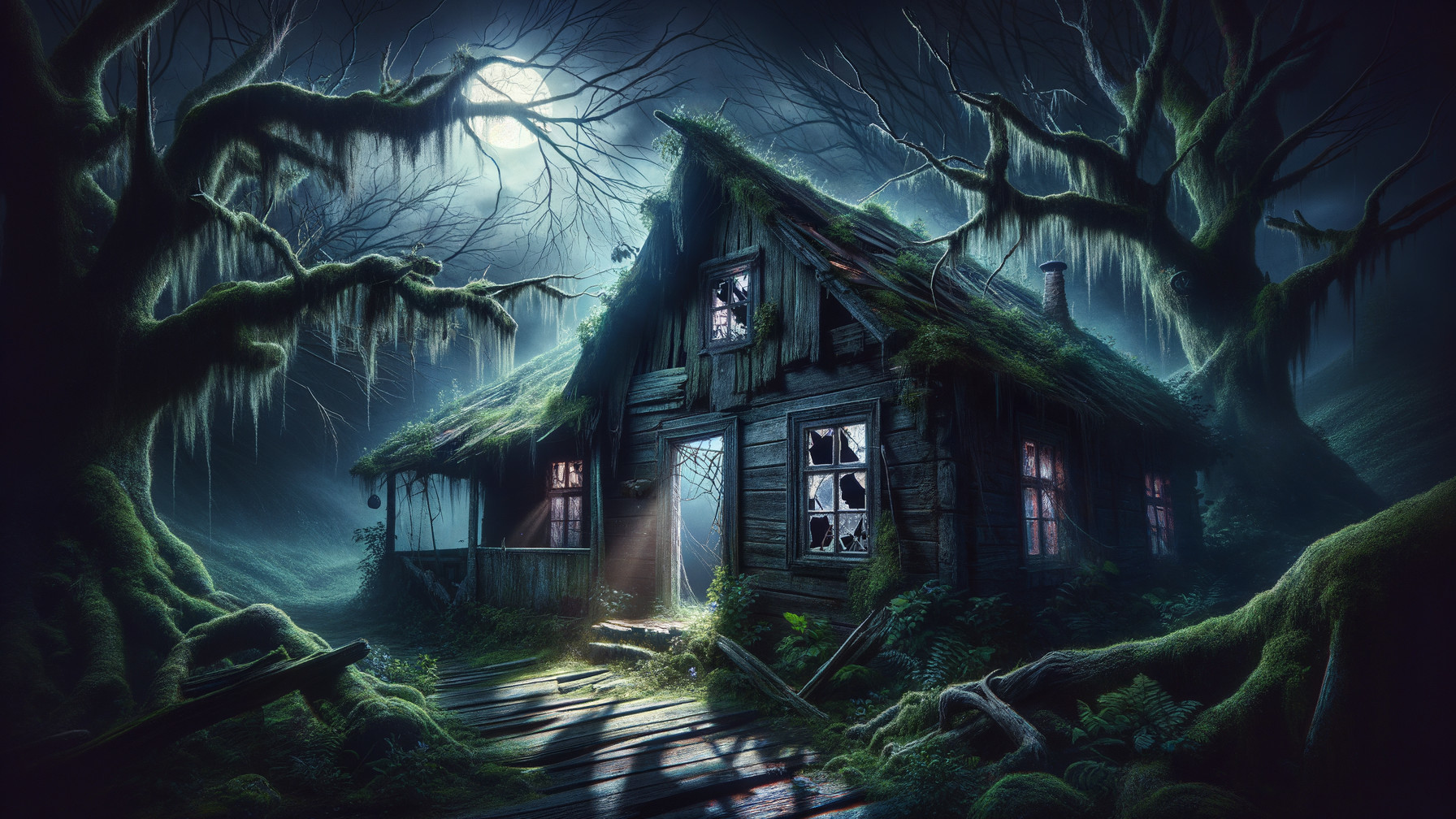 Abandoned Cabin in a Dark, Mysterious Forest