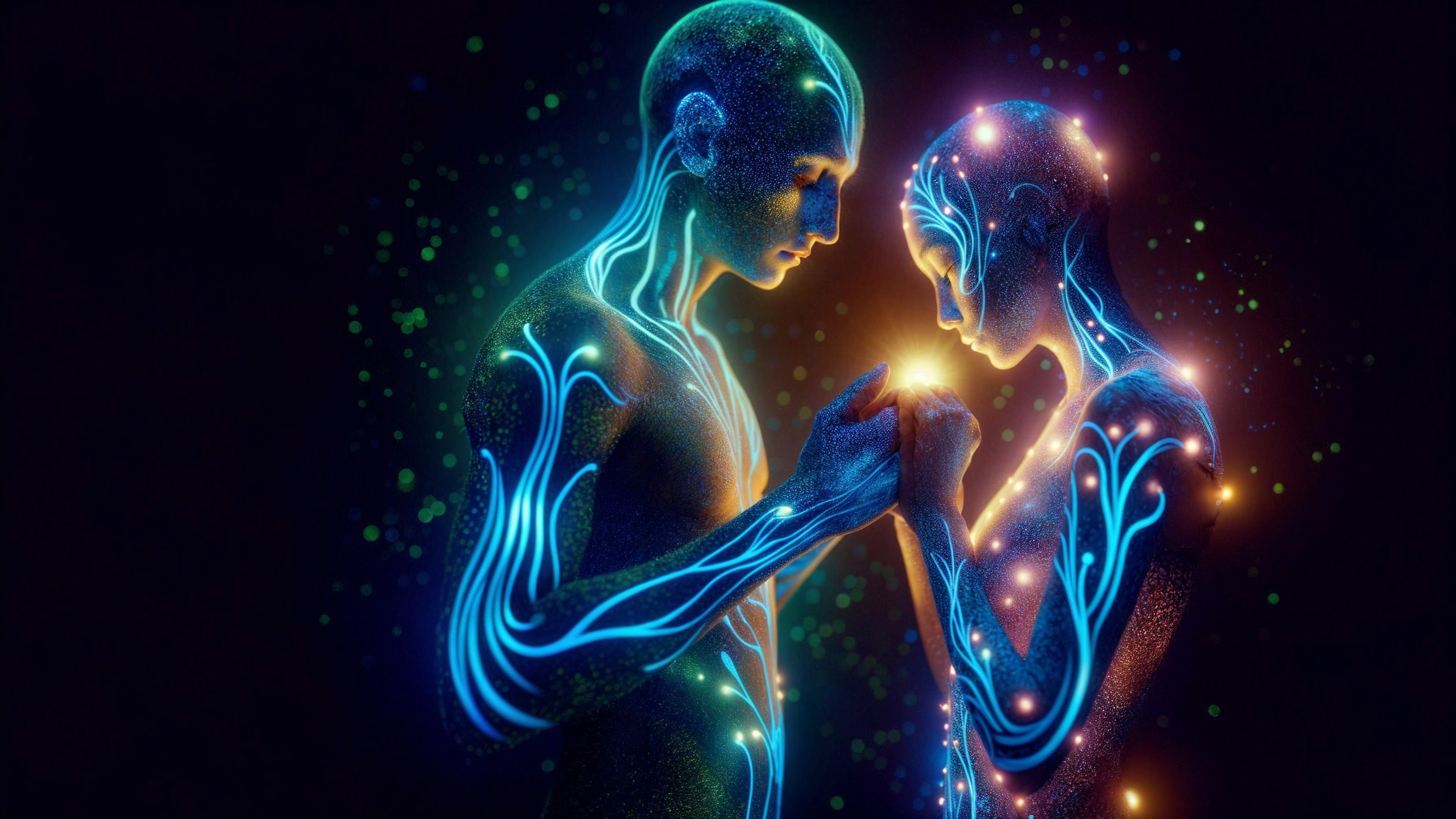 Ethereal Figures Connected by Luminous Energy Lines