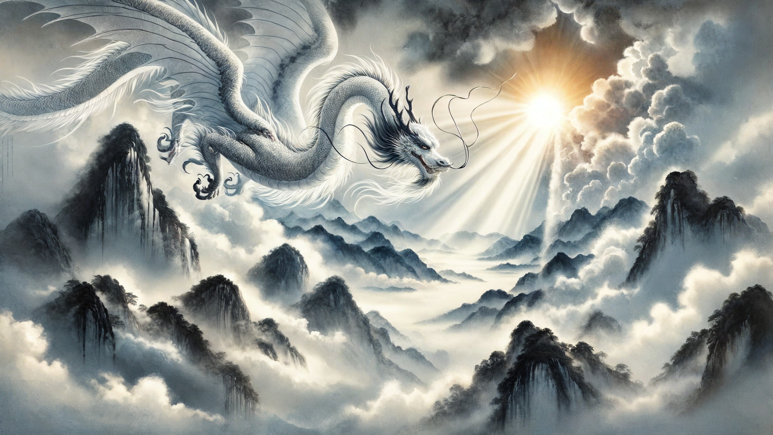 Majestic white dragon in a dramatic sky landscape