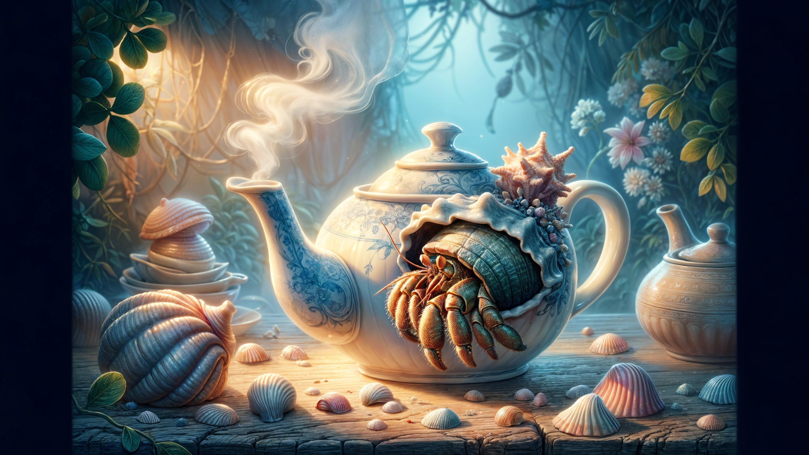 Whimsical Teapot with Hermit Crab and Lush Foliage