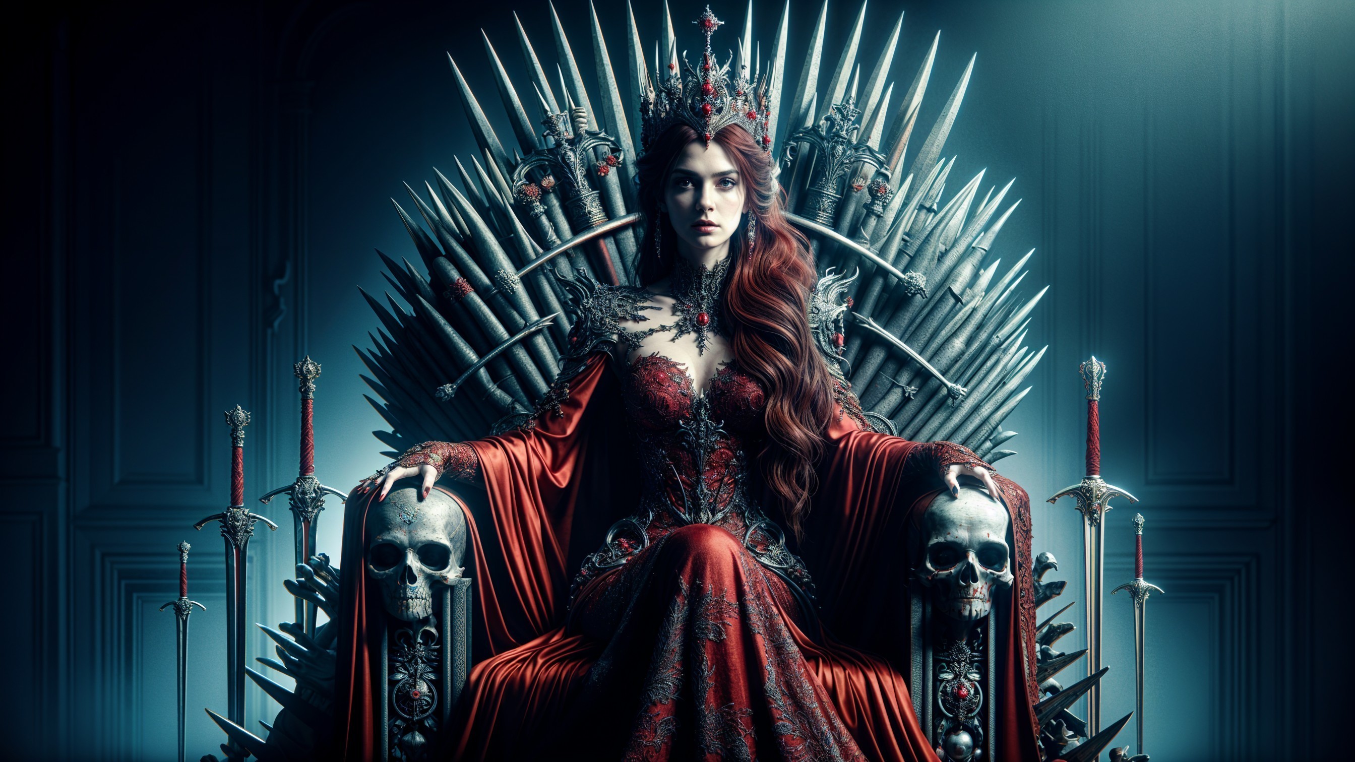 Regal figure on throne with swords and skulls