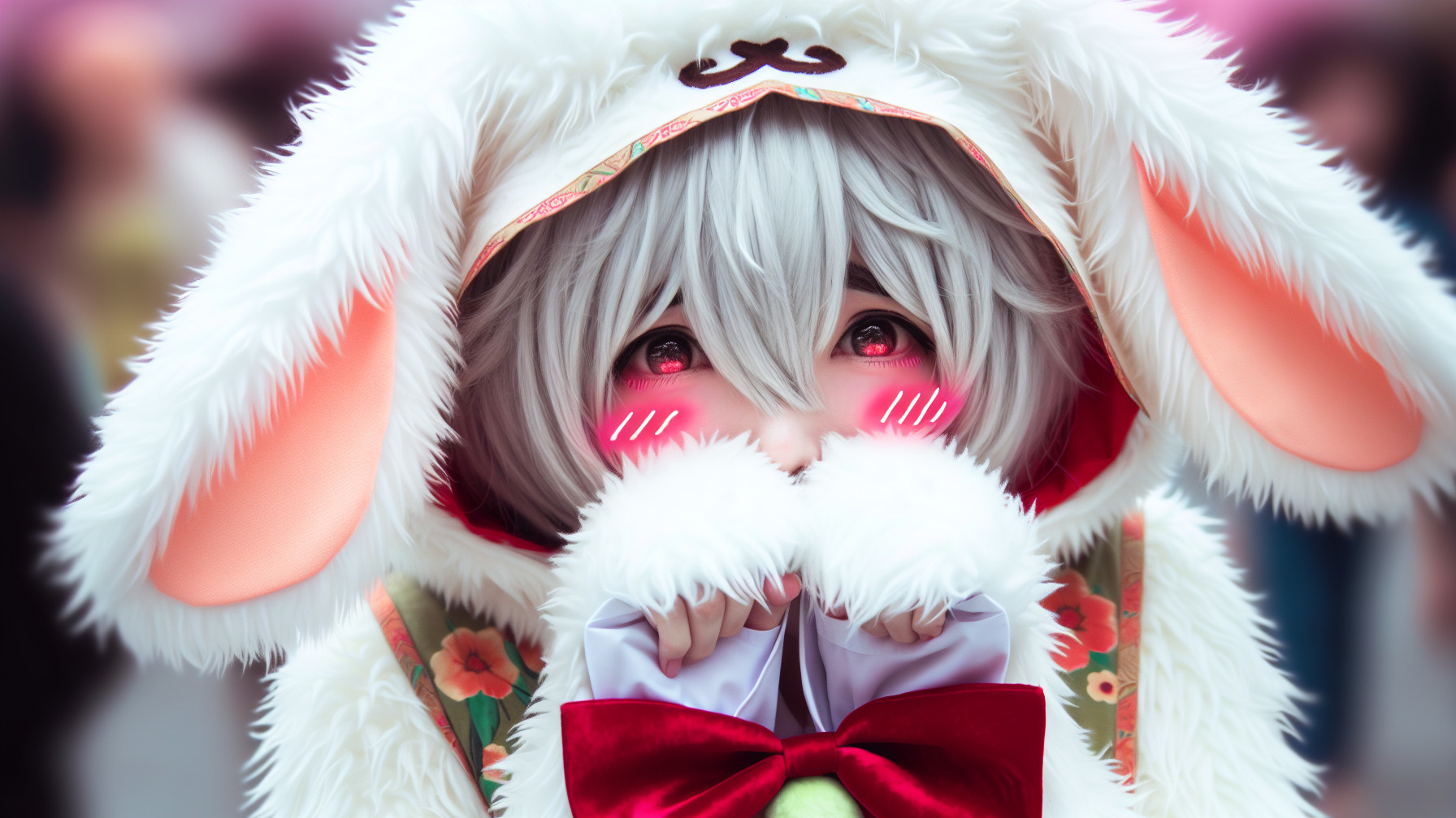 Cute Character in Fluffy Bunny Costume with Silver Hair