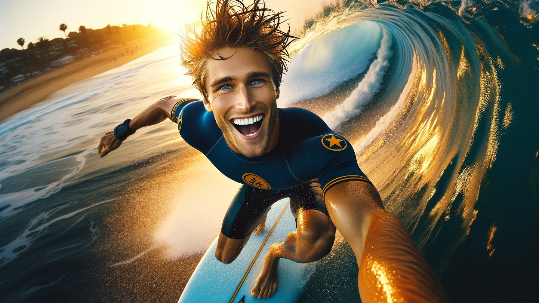 Young man surfing a vibrant wave at golden hour