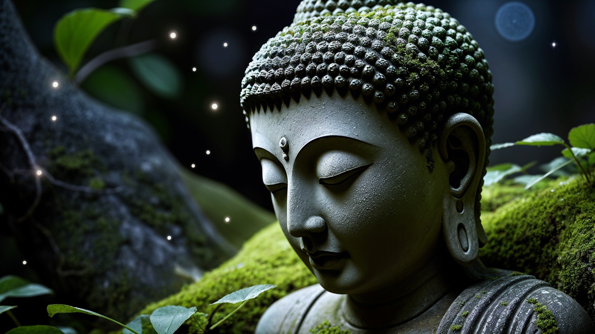 Buddha Statue Surrounded by Moss and Foliage