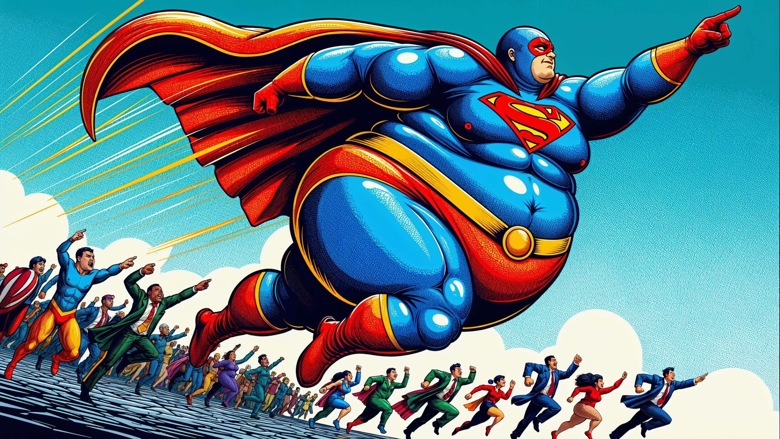 Muscular Superhero in Blue Costume Soaring in Sky