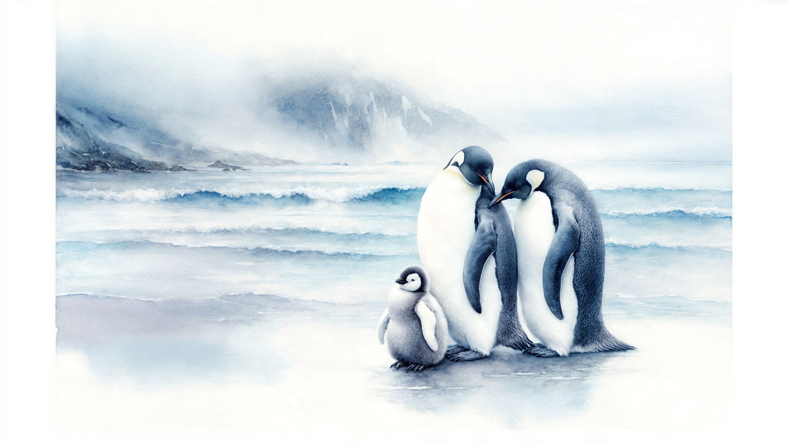 Watercolor of Emperor Penguins on a Snowy Shore