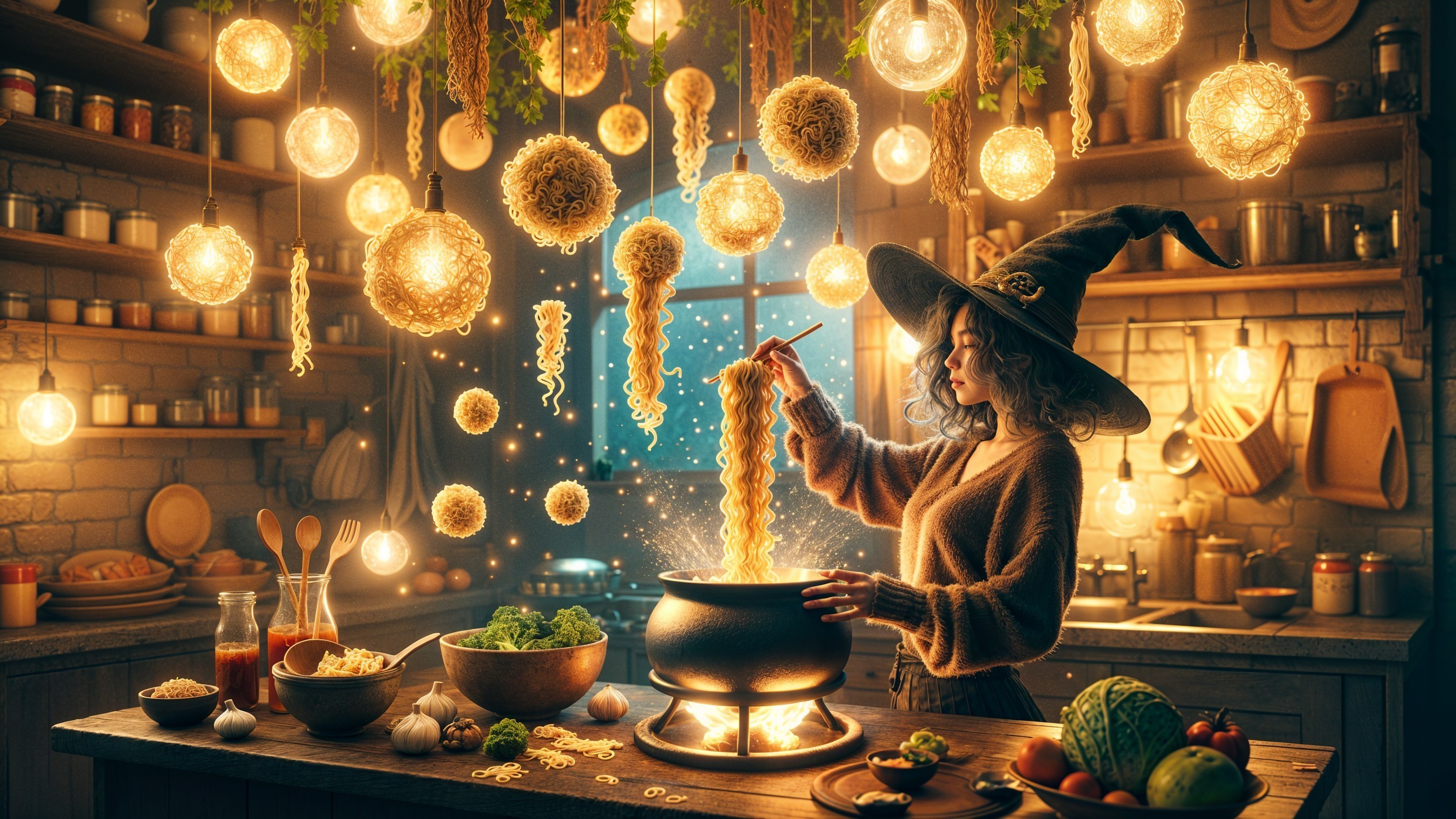 Whimsical Kitchen with Young Witch and Bubbling Cauldron