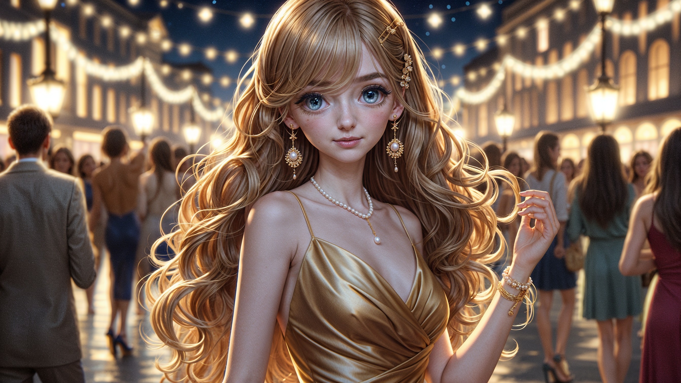 Glamorous Woman in Gold Dress at Evening Event