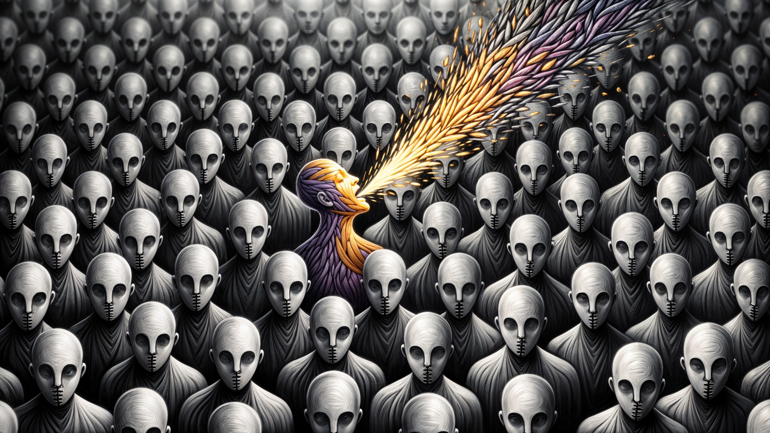 Vibrant Figure in Monochrome Sea of Conformity