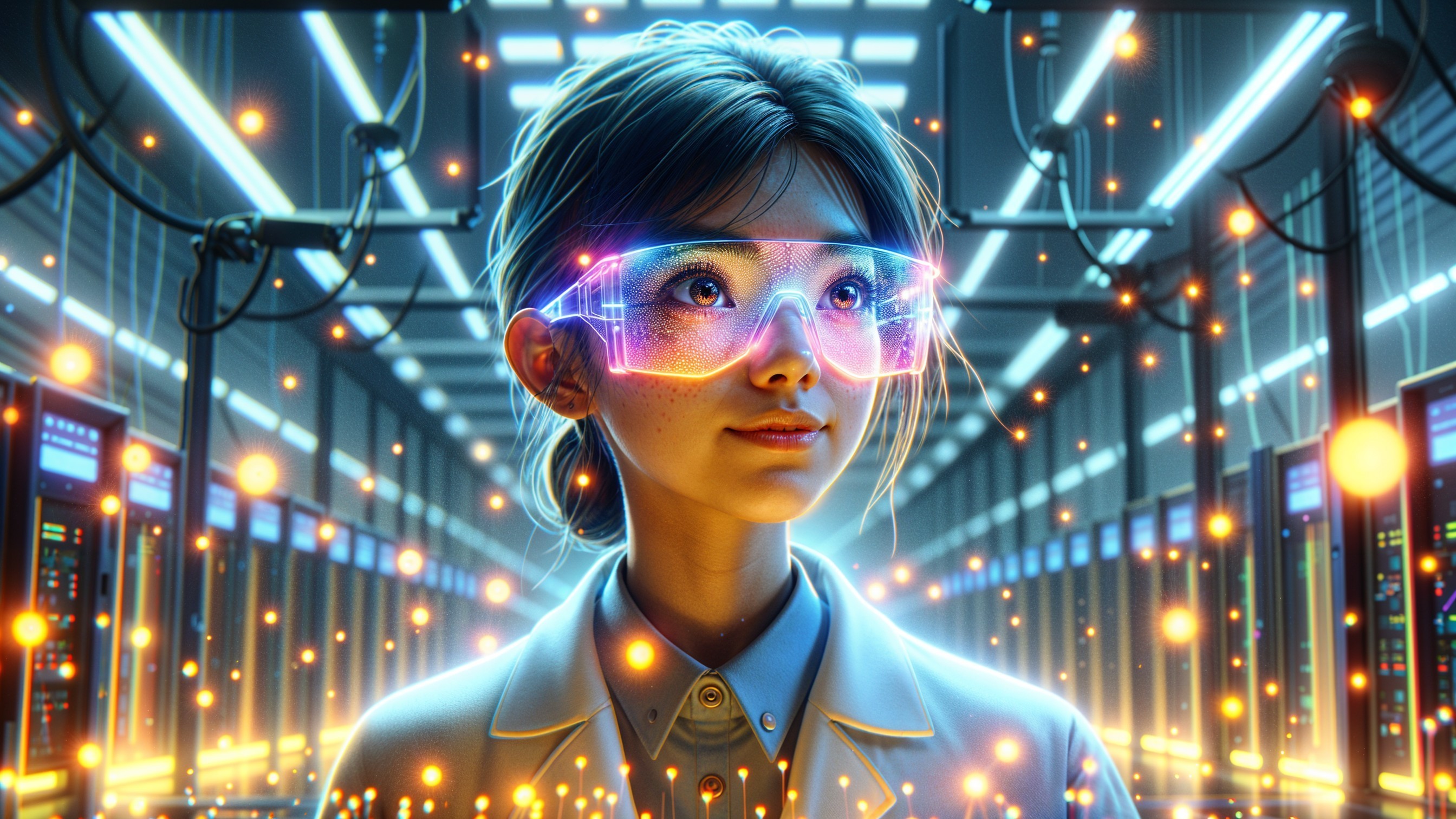 Young scientist in a high-tech lab with glowing servers