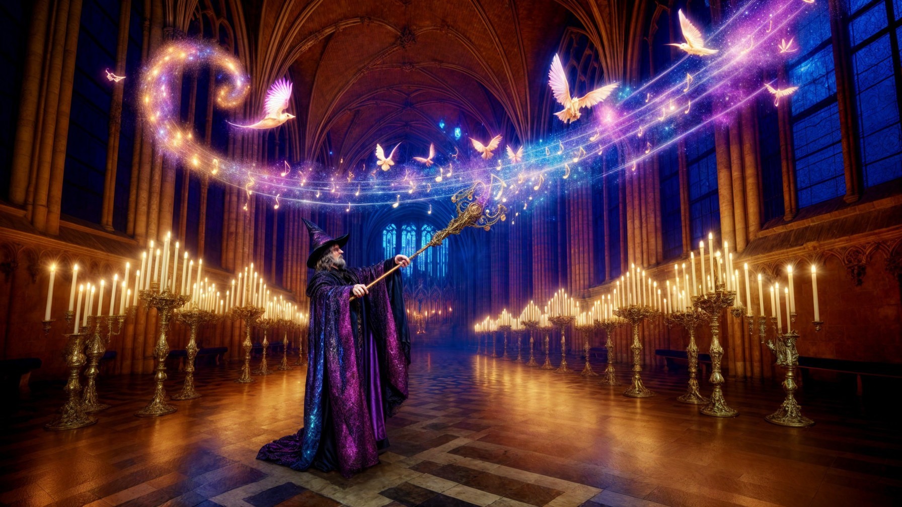 Mystical Sorcerer in Candlelit Hall with Magic Lights