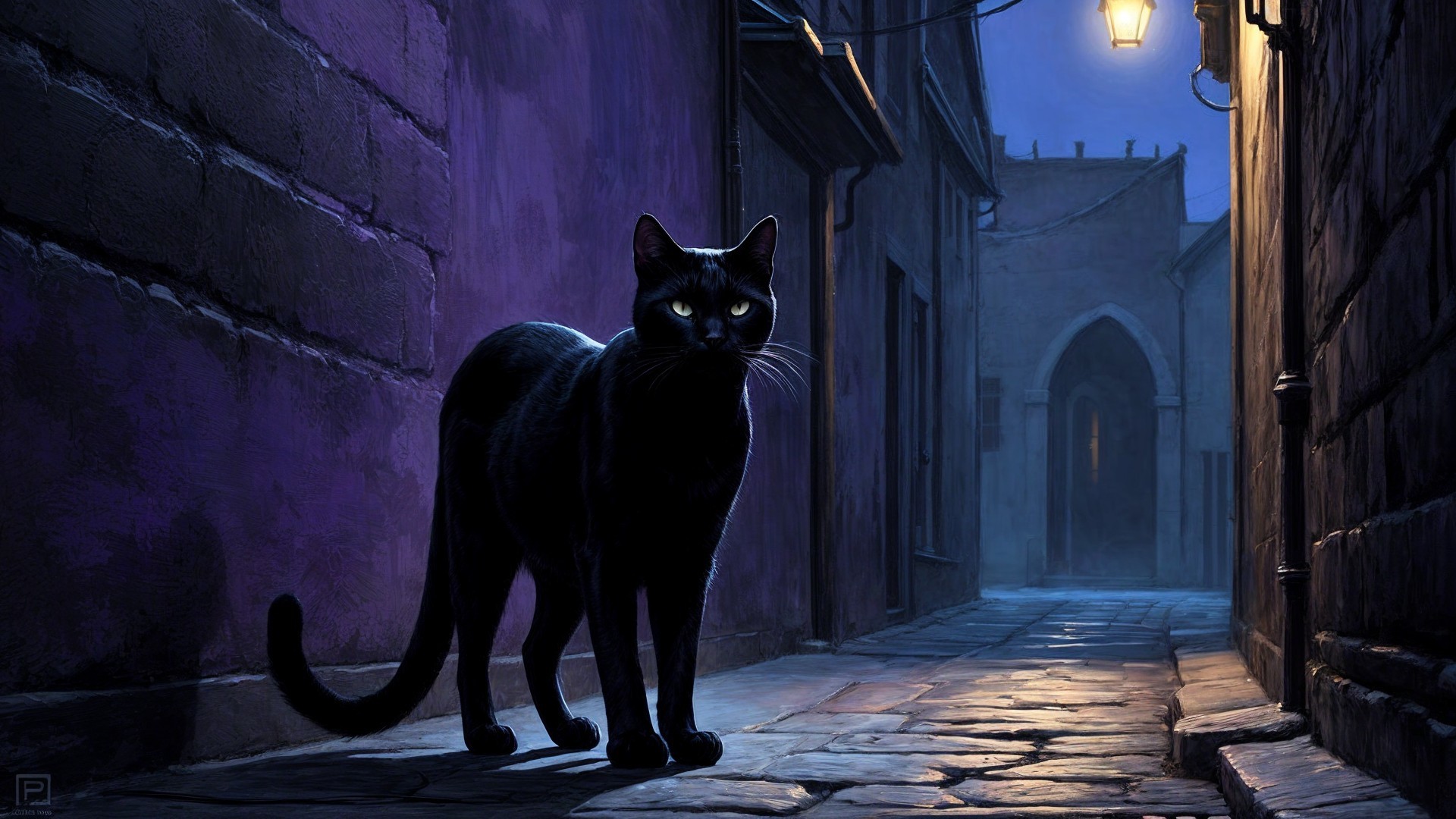 Black Cat in Dimly Lit Alley with Streetlamp Glow