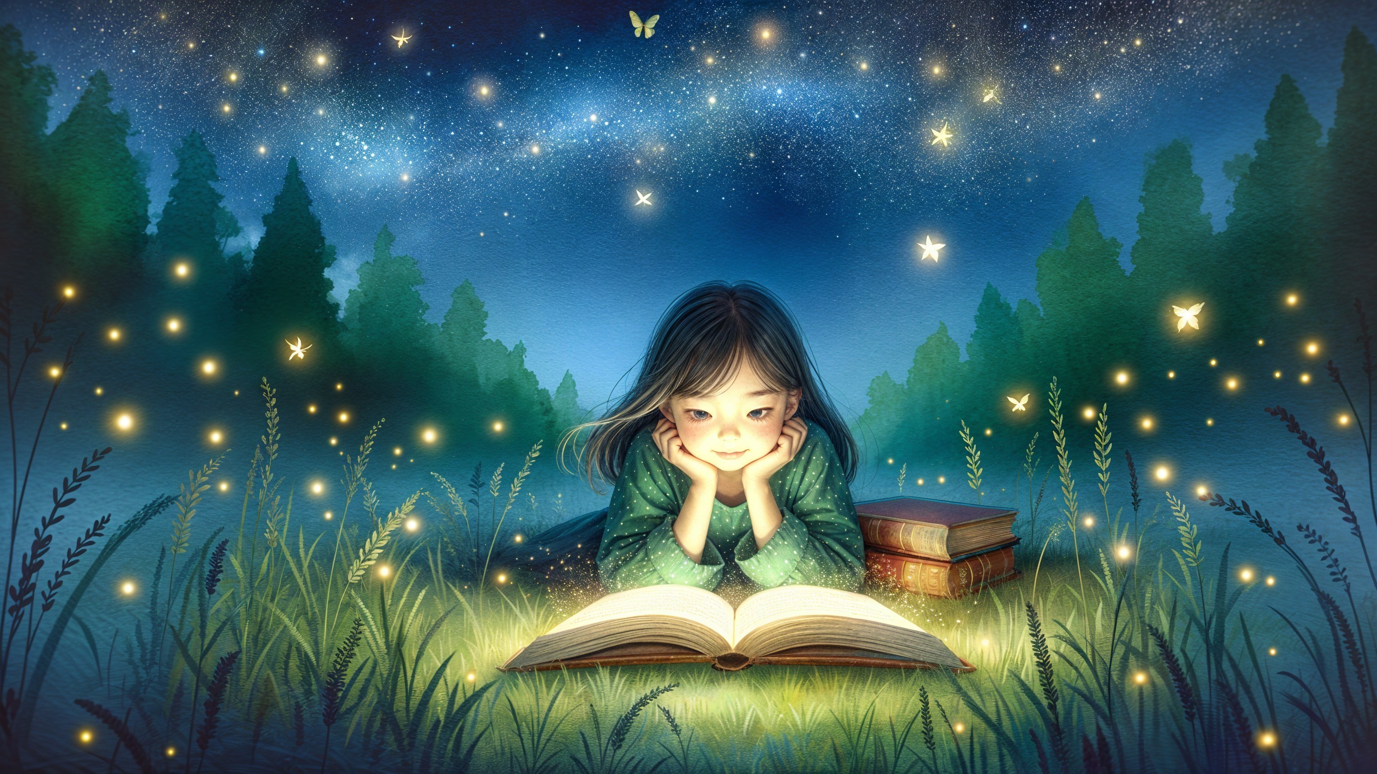 Young girl reading under a starlit sky with fireflies