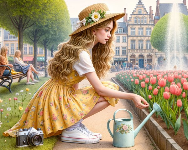 Young girl watering tulips in a colorful flower bed
