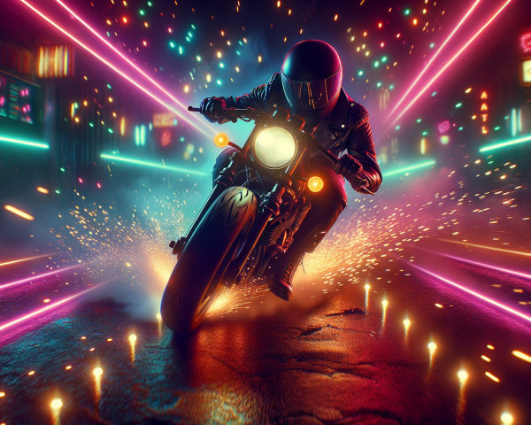 Motorcyclist in Futuristic City with Neon Lights