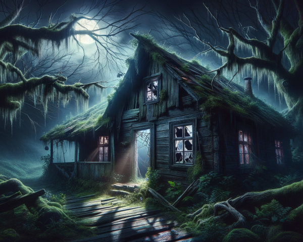 Abandoned Cabin in a Dark, Mysterious Forest