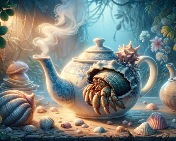 Whimsical Teapot with Hermit Crab and Lush Foliage