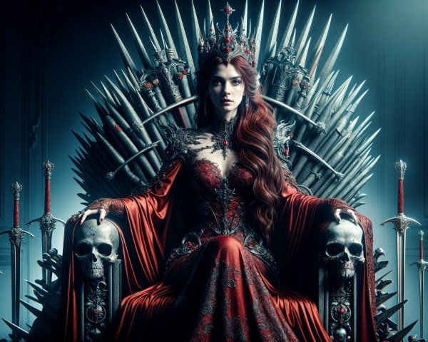 Regal figure on throne with swords and skulls