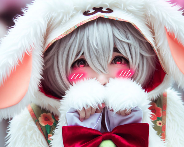 Cute Character in Fluffy Bunny Costume with Silver Hair