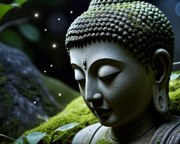 Buddha Statue Surrounded by Moss and Foliage