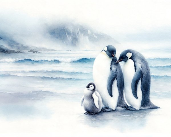 Watercolor of Emperor Penguins on a Snowy Shore