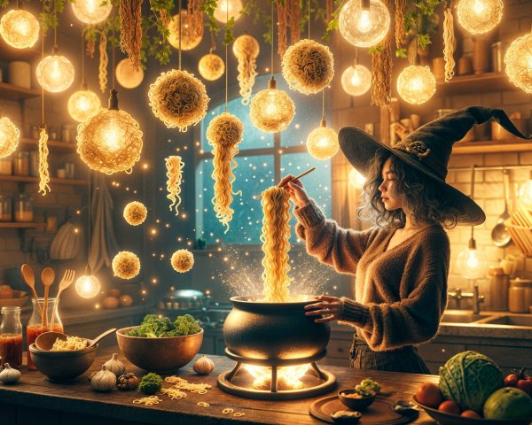 Whimsical Kitchen with Young Witch and Bubbling Cauldron