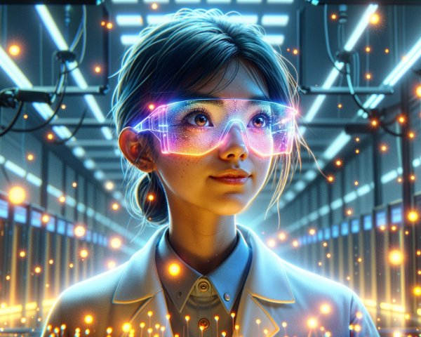 Young scientist in a high-tech lab with glowing servers