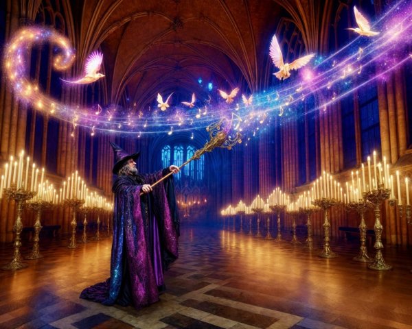 Mystical Sorcerer in Candlelit Hall with Magic Lights
