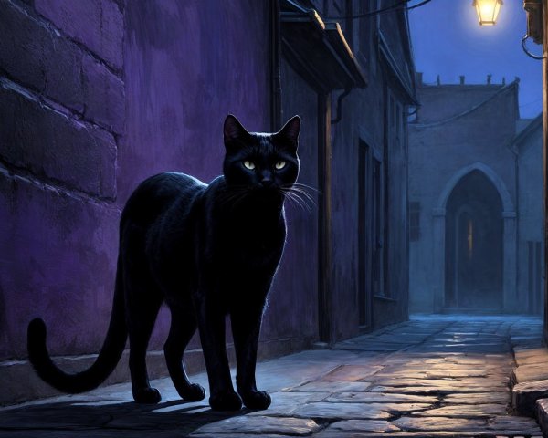 Black Cat in Dimly Lit Alley with Streetlamp Glow