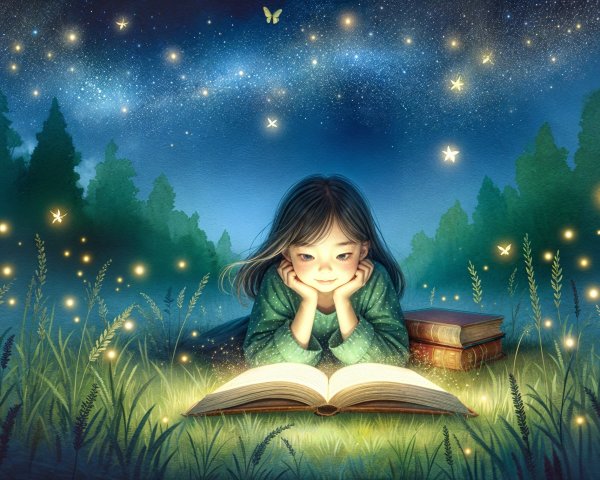 Young girl reading under a starlit sky with fireflies