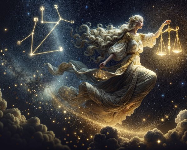 Celestial Figure of Justice in Starry Night Sky