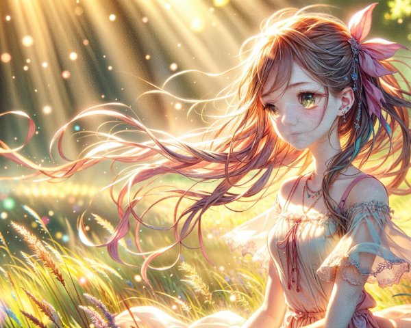 Young girl in a meadow with flowers and sunlight