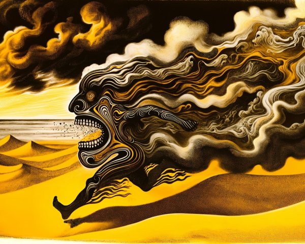 Surreal Figure Running on Golden Sand Dunes with Clouds